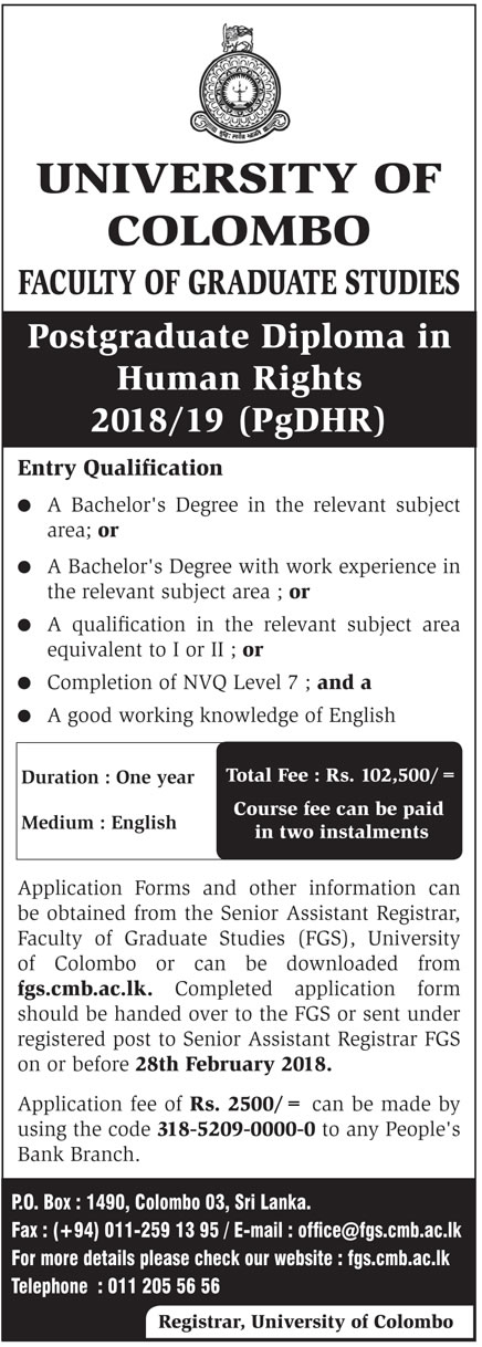 Postgraduate Diploma in Human Rights (PgDHR) 2018/19 - Faculty of Graduate Studies - University of Colombo